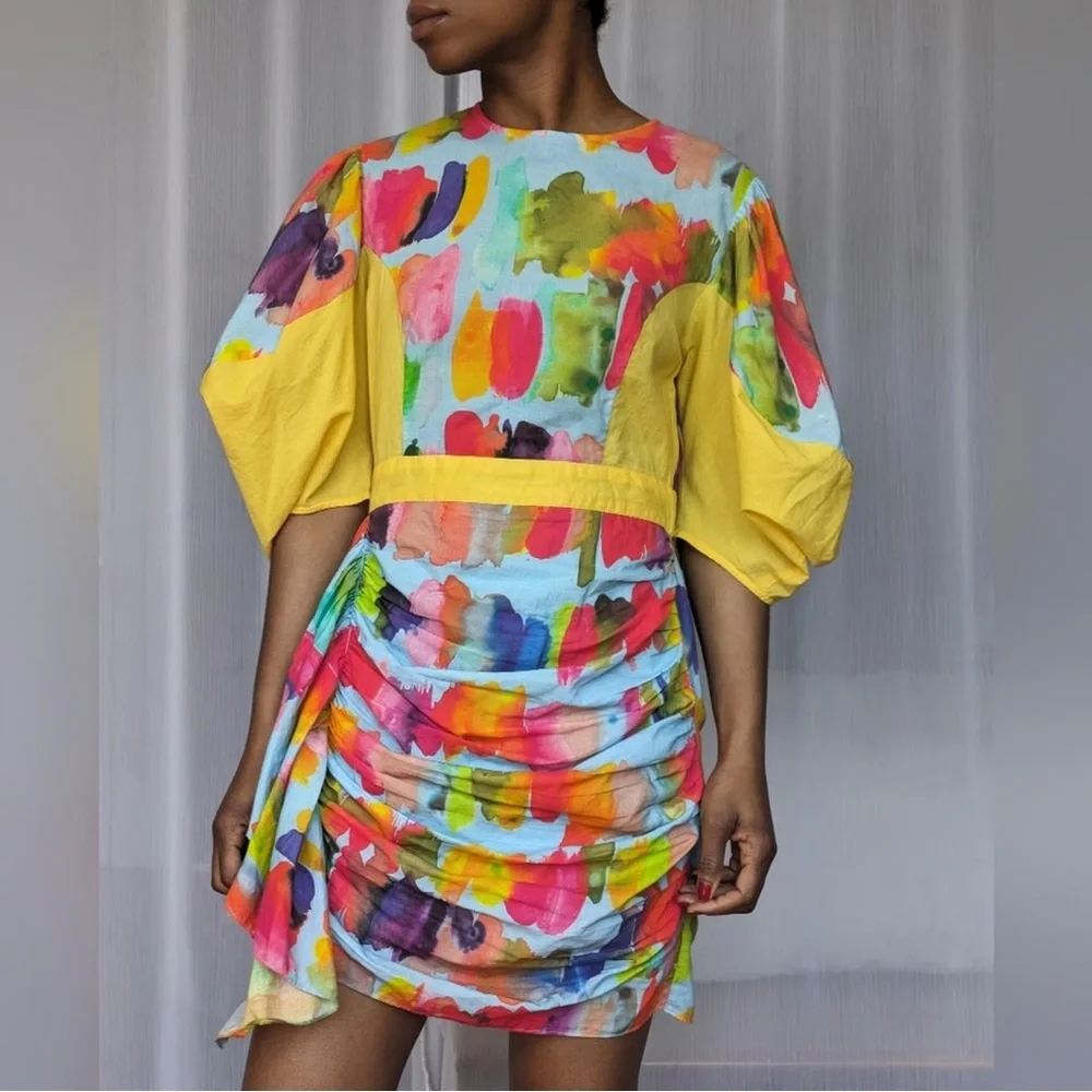 Rhode Pia Mini Dress Puff-Sleeve Brush Strokes Multicolor Water Small XS - Picture 2 of 7
